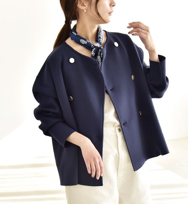 quaranciel「quaranciel:〈手洗い可能〉ニット ノーカラー ダブルジャケット カーディガン」|カーディガン|ネイビー