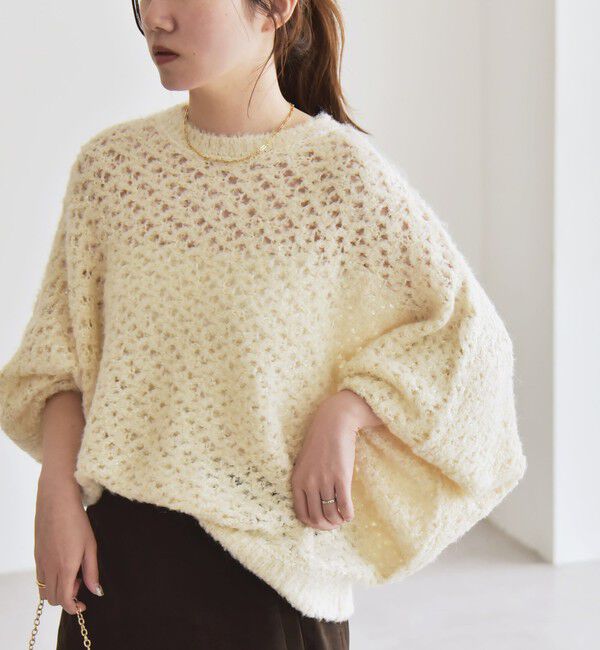 quaranciel「quaranciel:〈手洗い可能〉スパンコール レース編み クルーネック ドルマン ルーズ ニット」|ニット・セーター|