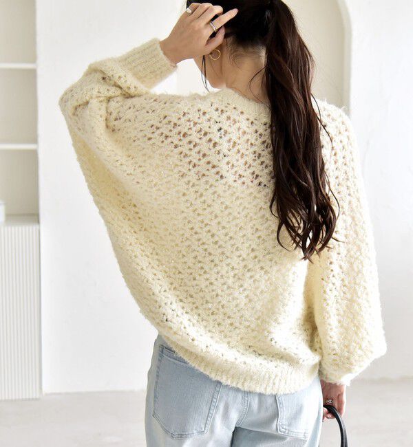 quaranciel「quaranciel:〈手洗い可能〉スパンコール レース編み クルーネック ドルマン ルーズ ニット」|ニット・セーター|