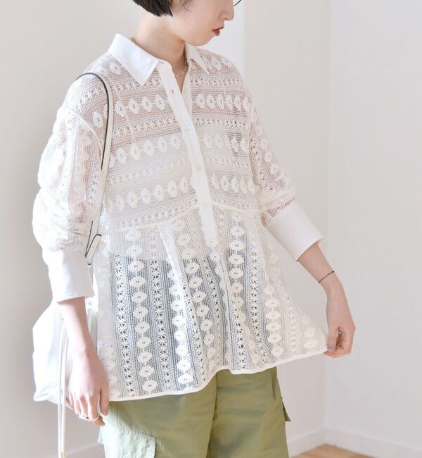 quaranciel「quaranciel:〈手洗い可能〉クロシェ レース ペプラム シャツ ブラウス」|シャツ・ブラウス|