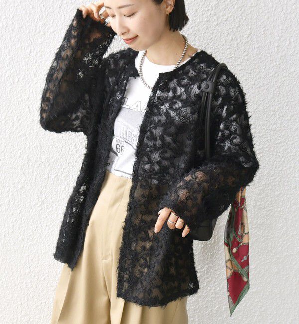 SHIPS for women「《追加予約》【WEB限定】〈手洗い可能〉チュール フェザー レース 羽織」|シャツ・ブラウス|