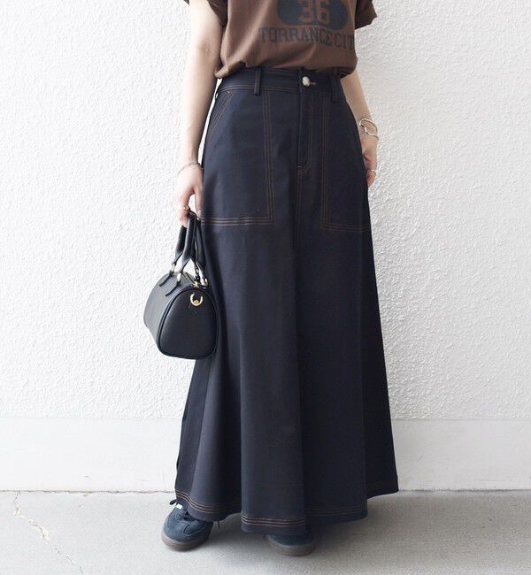 SHIPS any「SHIPS any:〈洗濯機可能〉チノ ステッチ フレア ロング スカート」|フレア|ブラック