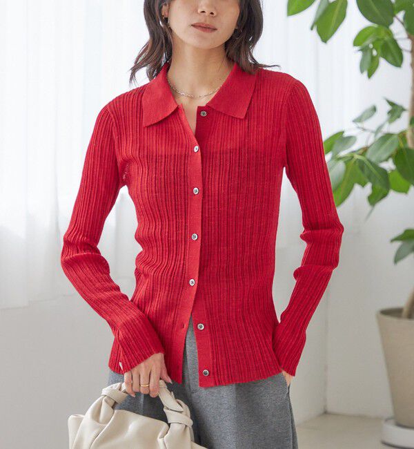 SHIPS for women「〈手洗い可能〉ランダム リブ ポロ ニット カーディガン」|カーディガン|レッド