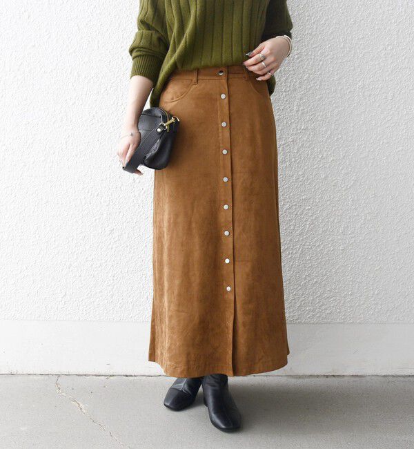 SHIPS any「SHIPS any: ポリエステル スエード フロント ボタン Aライン スカート」|スカート|キャメル
