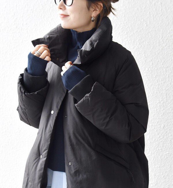 SHIPS any「SHIPS any: ナイロン スタンドカラー ダウン コクーン コート」|ダウン|ブラック