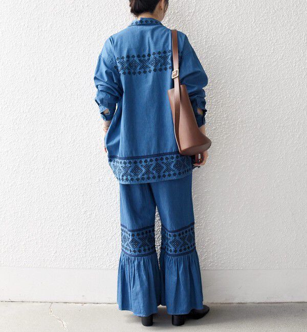 SHIPS any「bon_meur:〈洗濯機可能〉エンブロイダリー ギャザー フレア デニム イージー パンツ」|デニム|