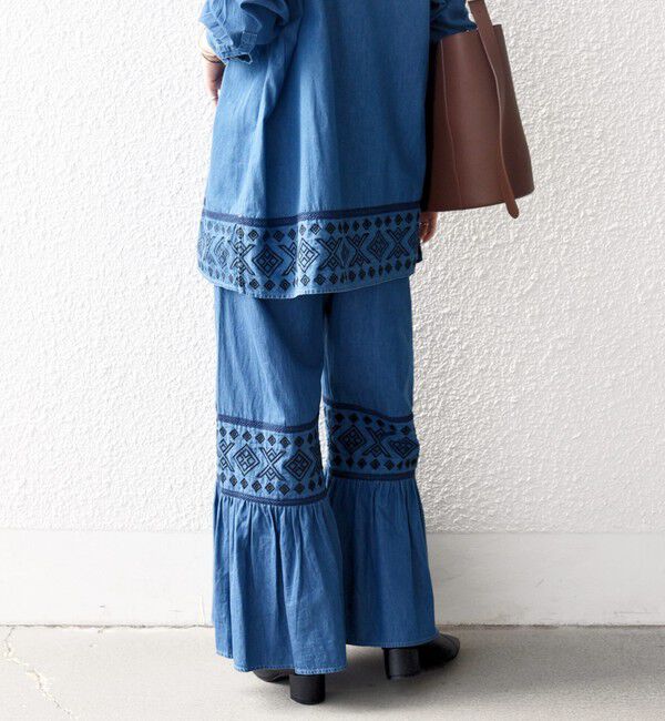 SHIPS any「bon_meur:〈洗濯機可能〉エンブロイダリー ギャザー フレア デニム イージー パンツ」|デニム|