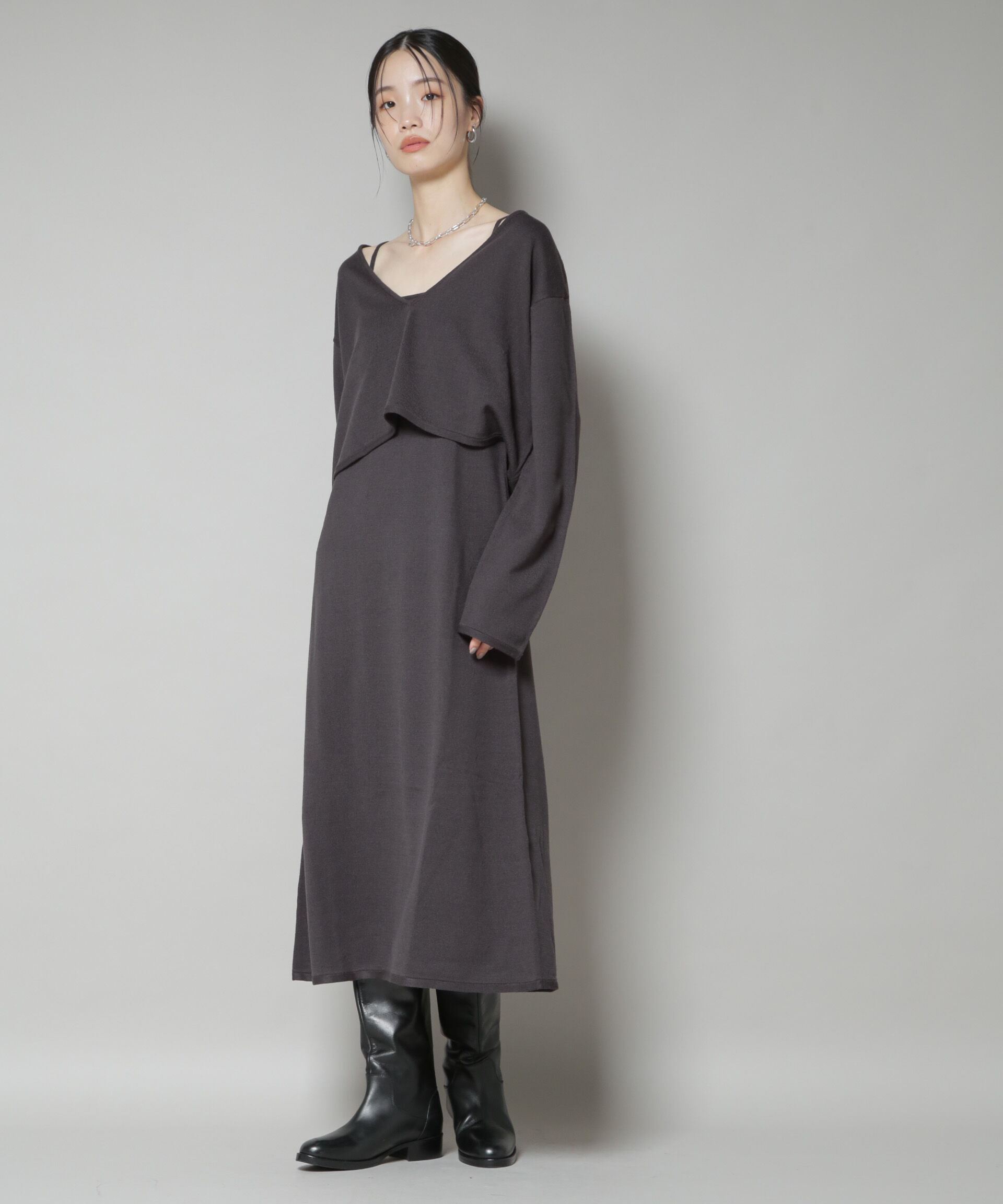 nano･universe「ニットキャミワンピース&times;クロップドVネックニット セット」|ワンピース|