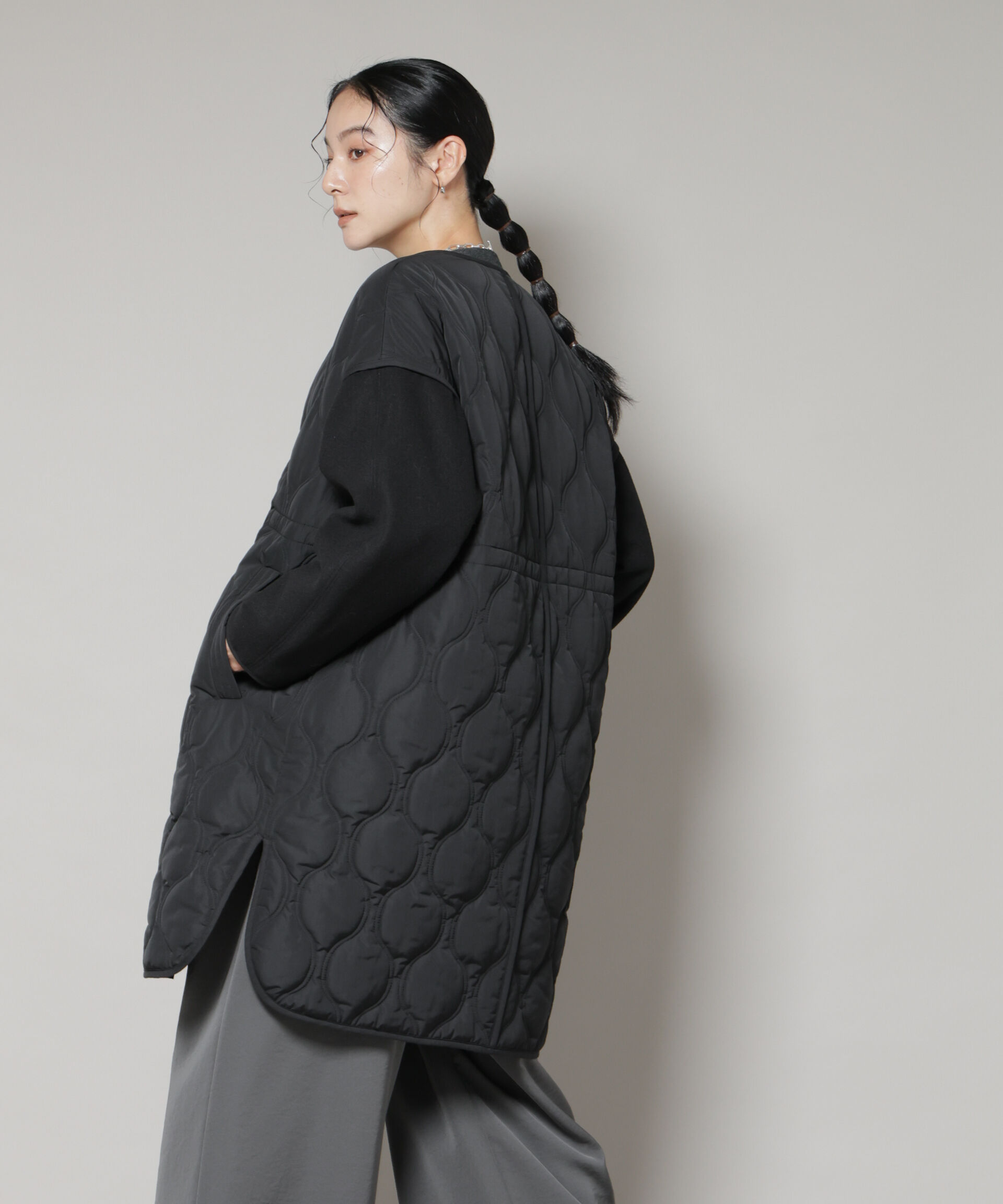 nano･universe「異素材コンビキルティングノーカラーコート」|その他|