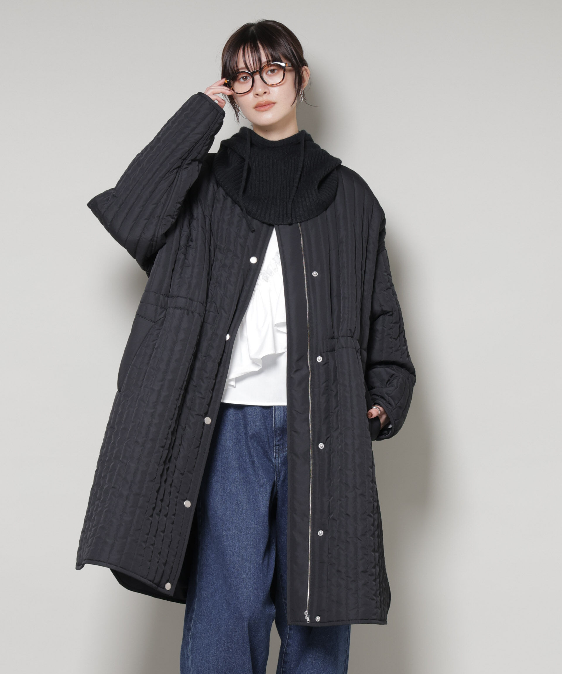 nano･universe「撥水加工 中綿キルティングウエストドロストノーカラーコート」|その他|ブラック
