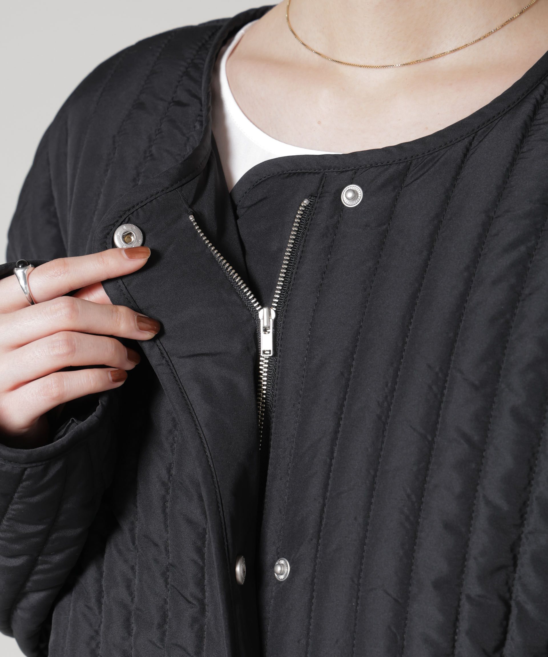 nano･universe「撥水加工 中綿キルティングウエストドロストノーカラーコート」|その他|