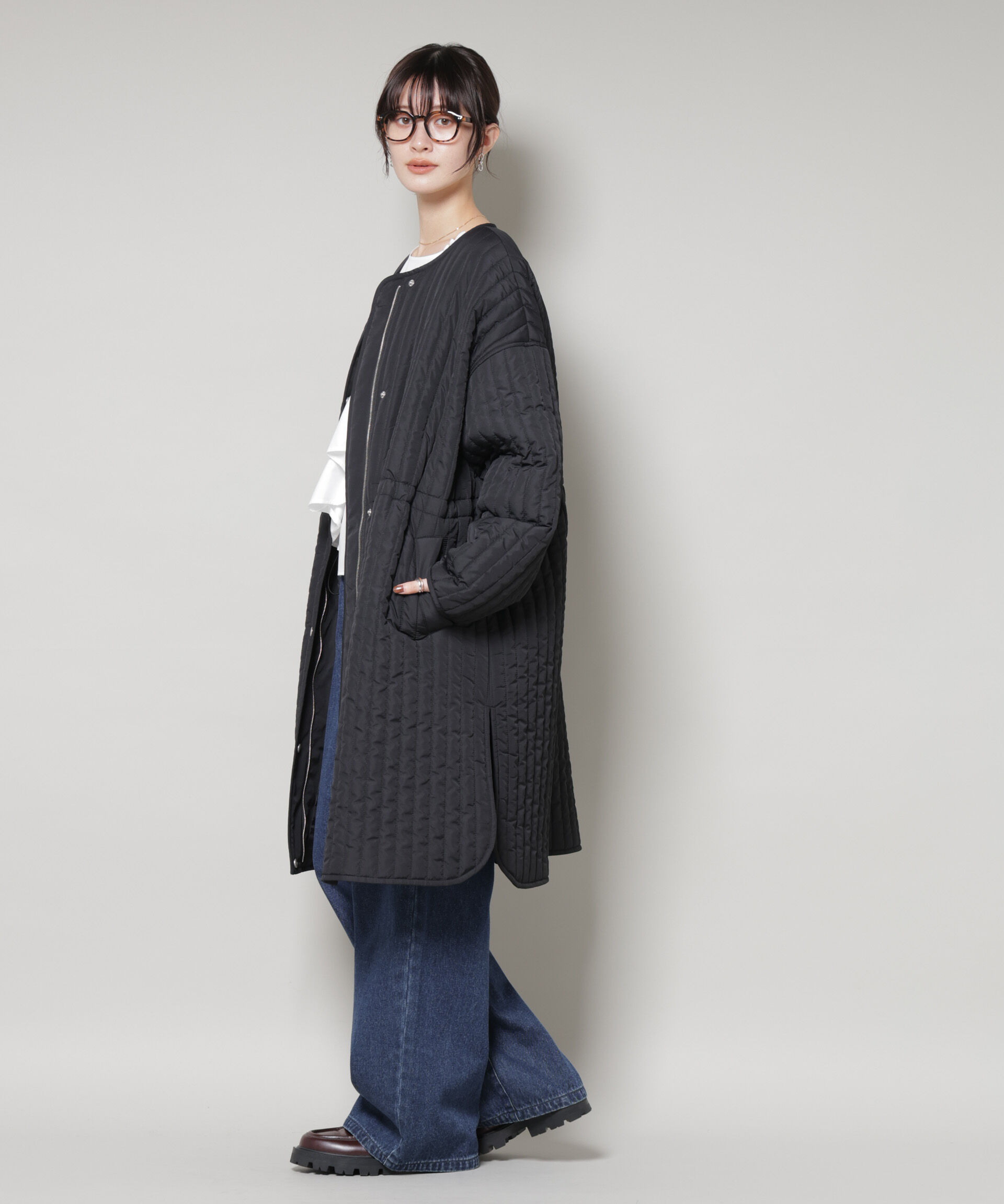 nano･universe「撥水加工 中綿キルティングウエストドロストノーカラーコート」|その他|