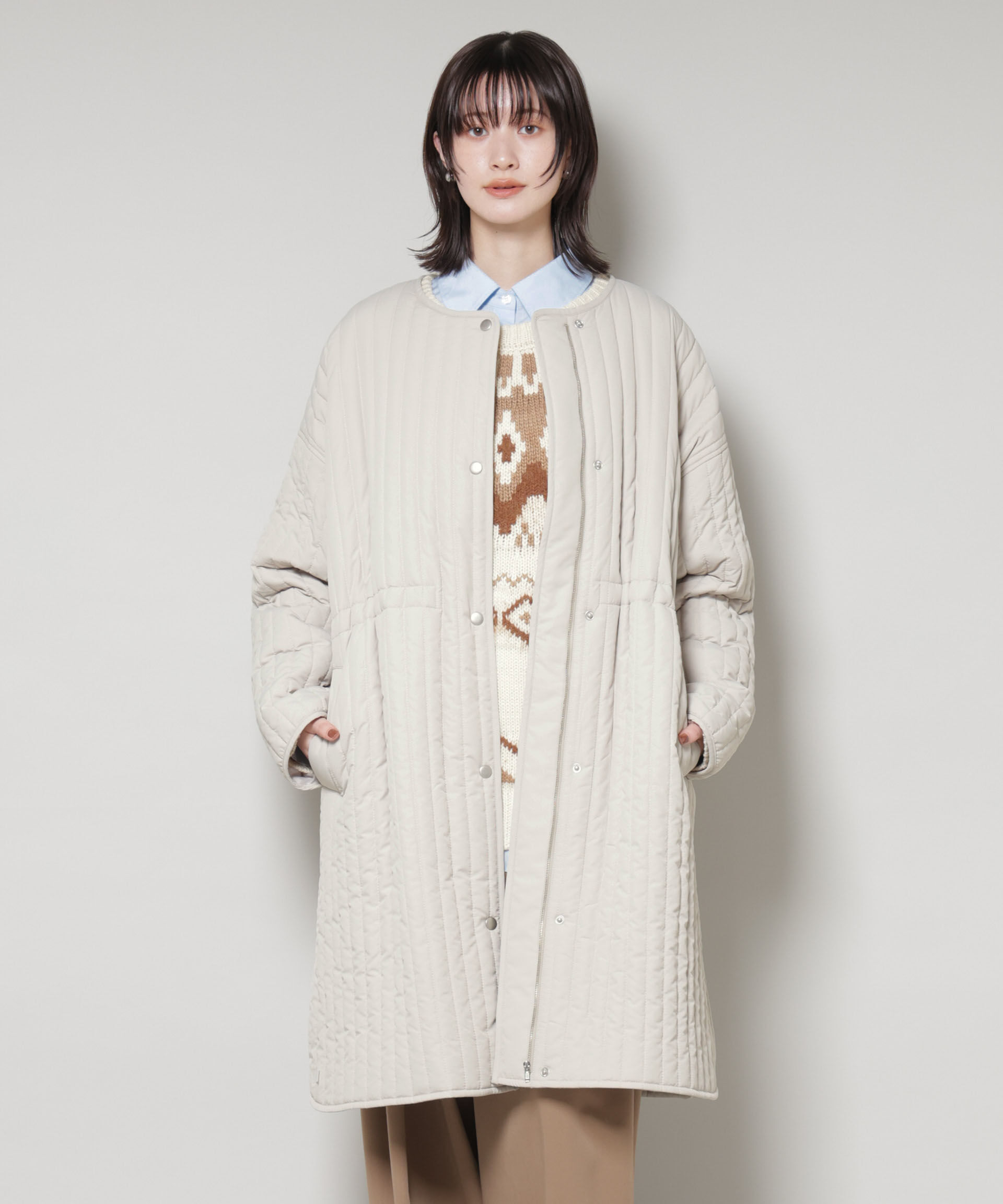 nano･universe「撥水加工 中綿キルティングウエストドロストノーカラーコート」|その他|