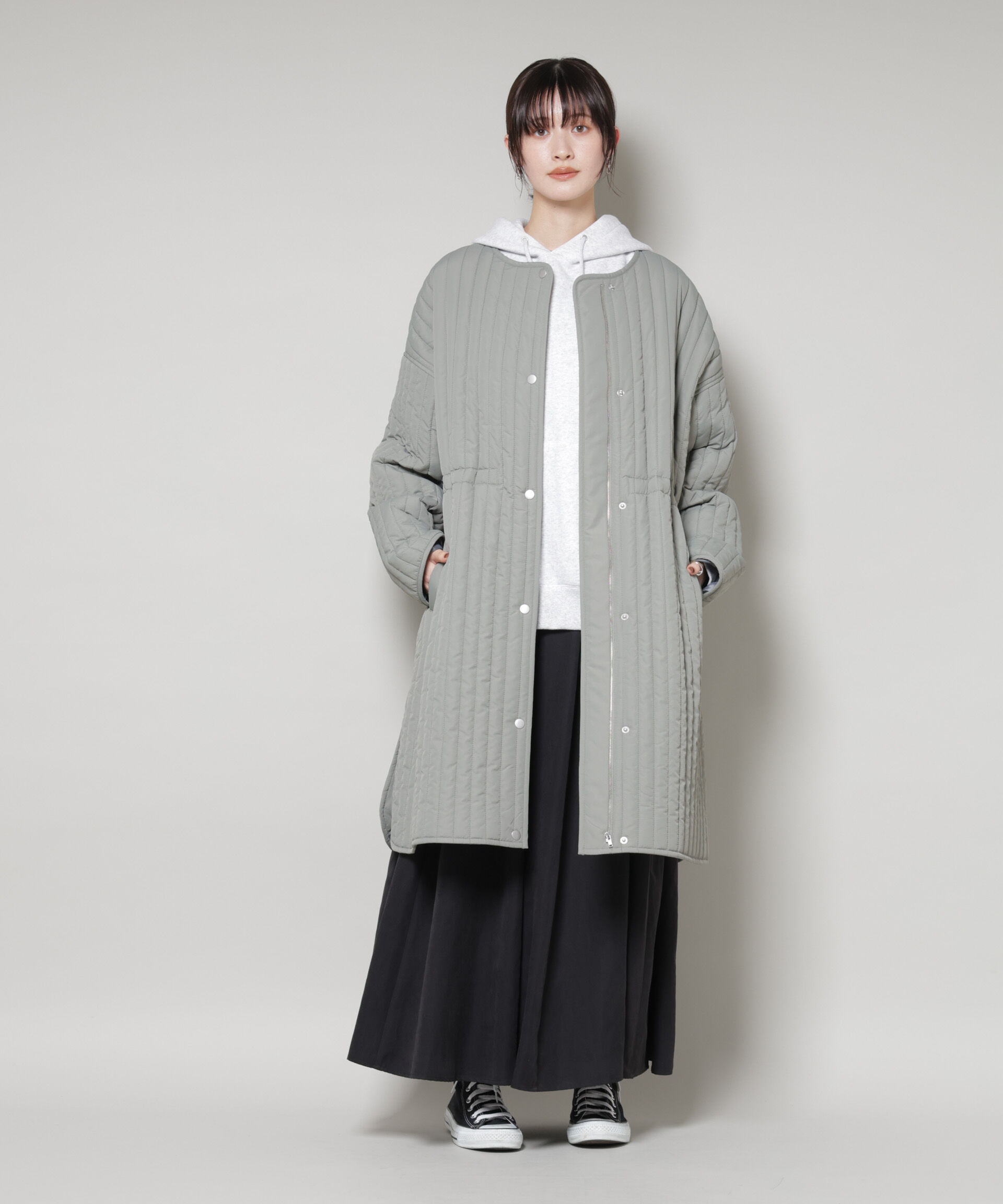 nano･universe「撥水加工 中綿キルティングウエストドロストノーカラーコート」|その他|