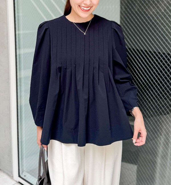 NOLLEY'S「ウォッシャブルタックフレアーブラウス」|シャツ・ブラウス|ネイビー