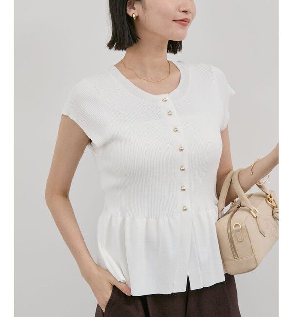 VIS「【アンチピリング/洗える】美SMARTショートスリーブペプラムニット」|ニット・セーター|オフホワイト(15)