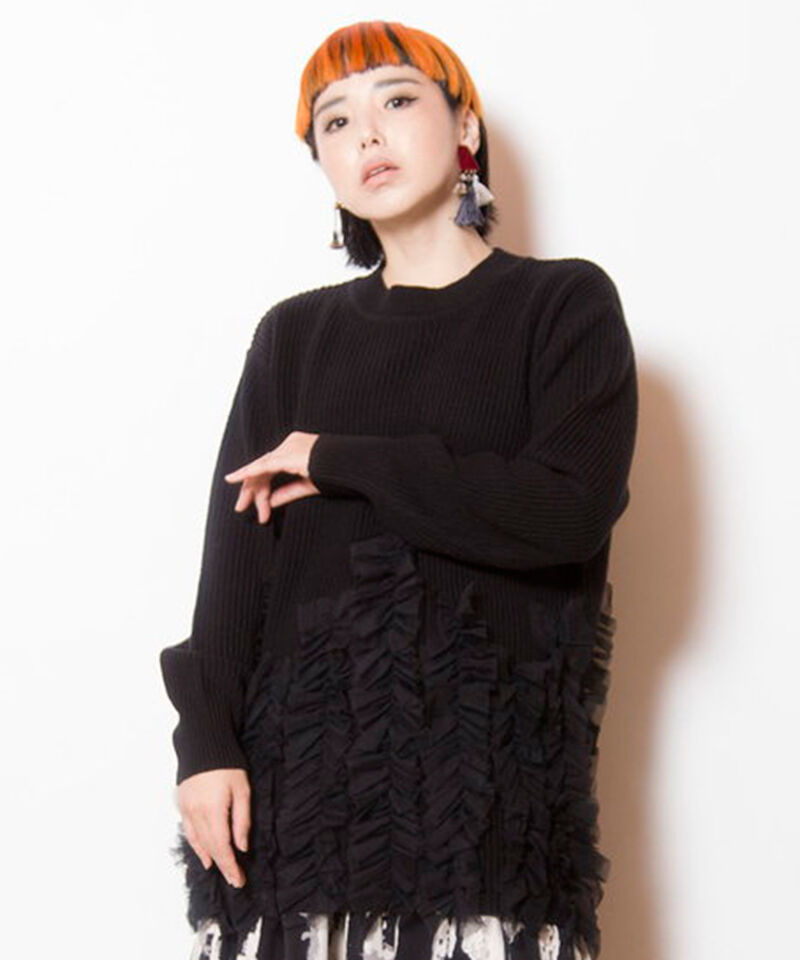  「チュールフリルニットプルオーバー」|ニット・セーター|BLACK
