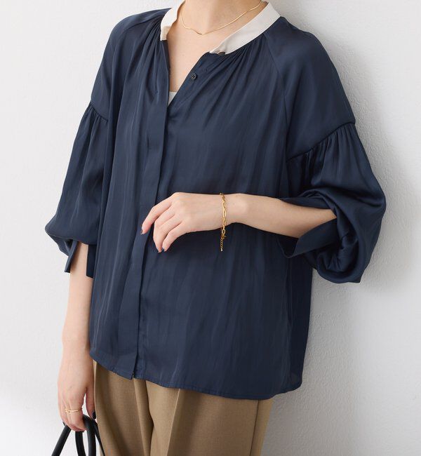  「配色サテンブラウス」|シャツ・ブラウス|ネイビー
