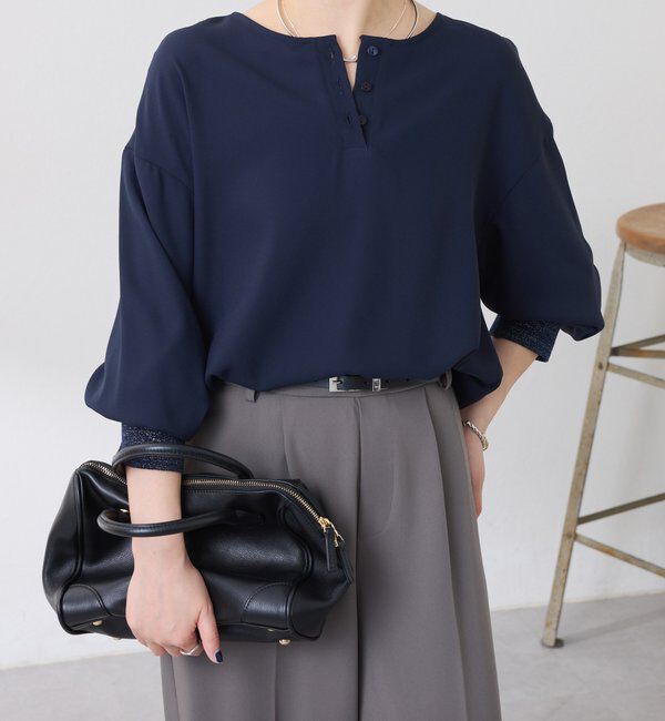  「袖ラメリブ2WAYロゴロンT」|Tシャツ・カットソー|ネイビー