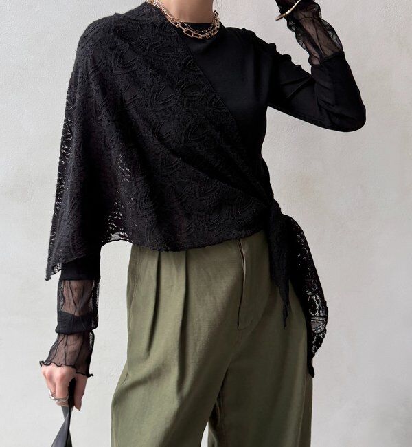  「レースチュール切替シアーTEE」|Tシャツ・カットソー|ブラック