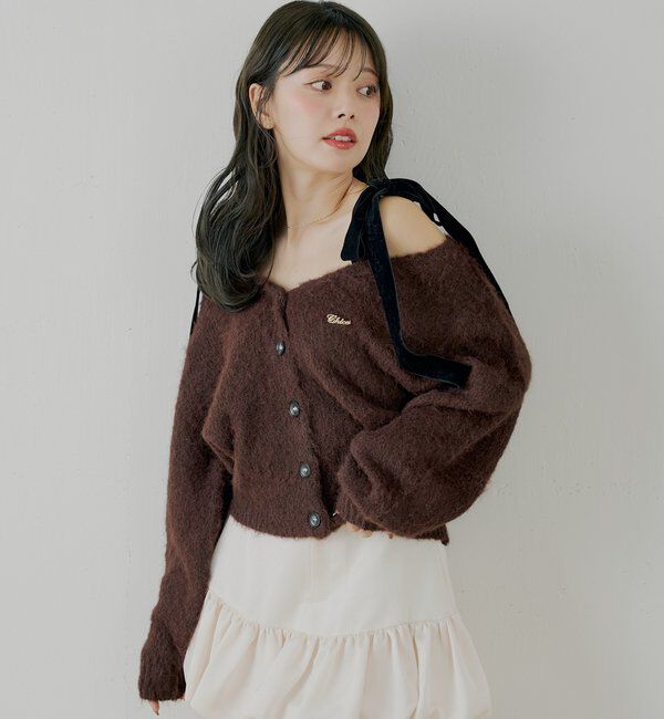  「【ブローチ取外し可】ベロアリボンルーズニットカーディガン」|カーディガン|