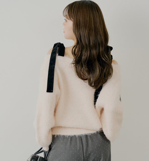  「【ブローチ取外し可】ベロアリボンルーズニットカーディガン」|カーディガン|