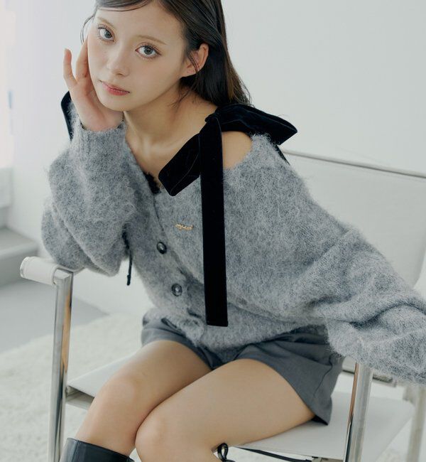  「【ブローチ取外し可】ベロアリボンルーズニットカーディガン」|カーディガン|グレー
