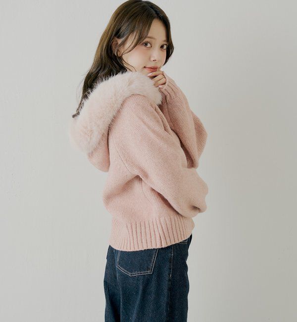  「【SALON by Chico】フードファーWジップニットカーディガン」|ニット・セーター|
