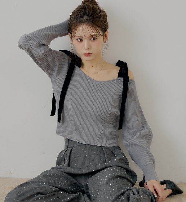  「肩リボンオフショルリブニット」|ニット・セーター|