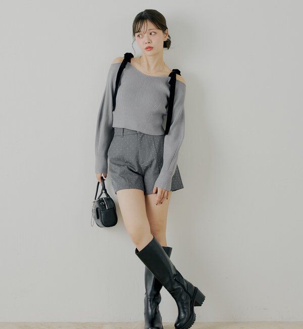  「肩リボンオフショルリブニット」|ニット・セーター|