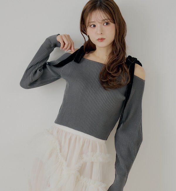  「肩リボンオフショルリブニット」|ニット・セーター|
