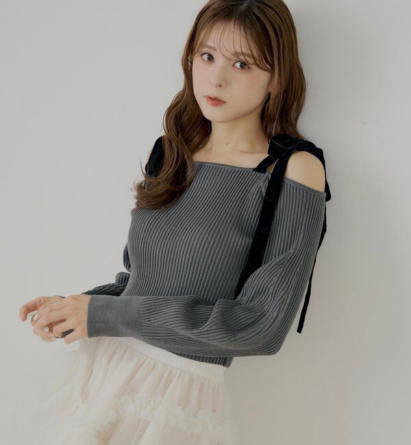  「肩リボンオフショルリブニット」|ニット・セーター|チャコールグレー