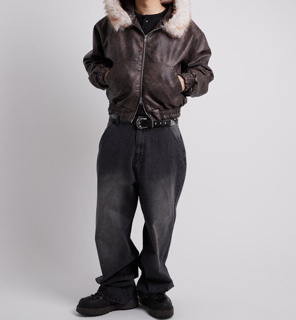  「【2way/ファー取り外し可能】ヴィンテージライクレザーファーフードブルゾン」|ブルゾン・スタジャン|