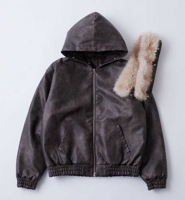  「【2way/ファー取り外し可能】ヴィンテージライクレザーファーフードブルゾン」|ブルゾン・スタジャン|