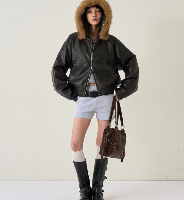  「【2way/ファー取り外し可能】ヴィンテージライクレザーファーフードブルゾン」|ブルゾン・スタジャン|