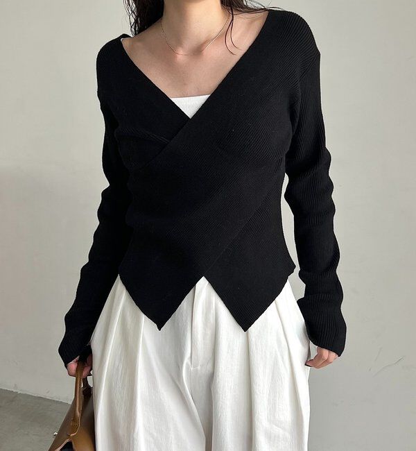  「【新色/ライトベージュ・グレー】クロスVネックニット」|ニット・セーター|