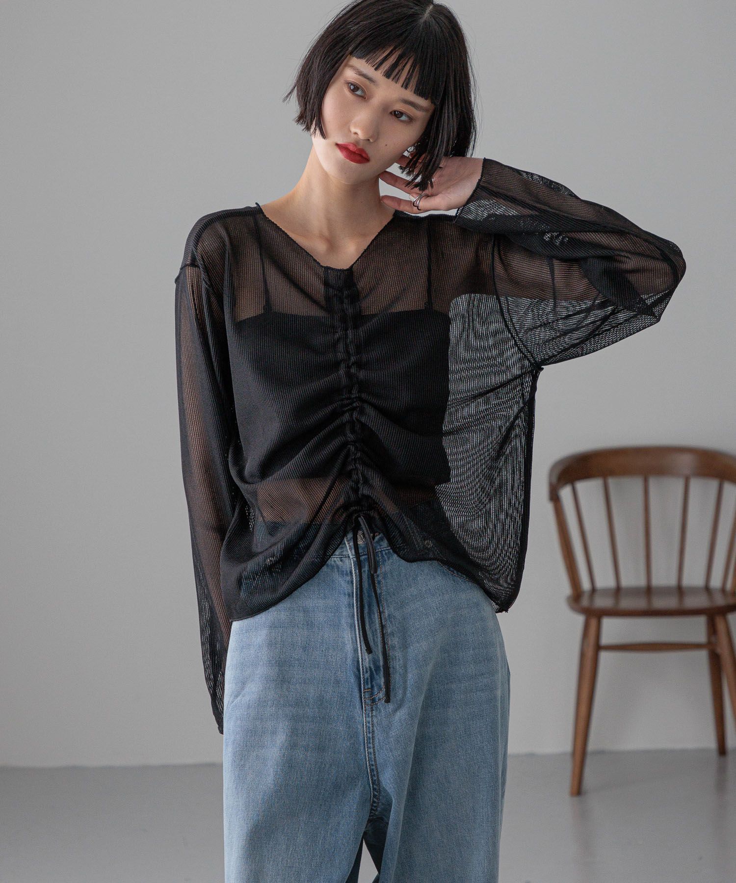 LOWRYS FARM「【前後着用可能】シャーリングシアーラッセルプルオーバー」|Tシャツ・カットソー|BLK