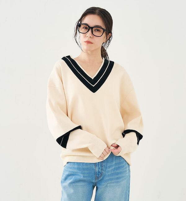 collex「配色ラインVネックニットプルオーバー」|ニット・セーター|