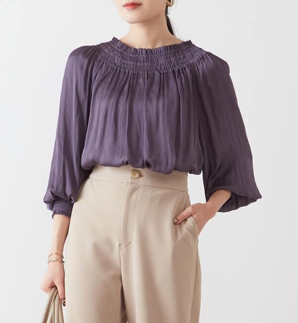 TIARA「ヴィンテージサテンギャザーブラウス」|シャツ・ブラウス|ネイビー