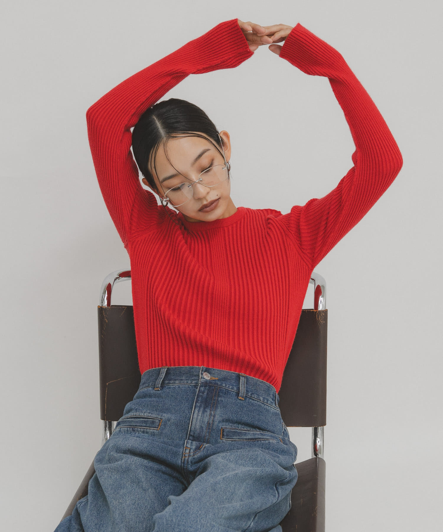  「illi　ランダムRIBクルーネックニット」|ニット・セーター|レッド系その他