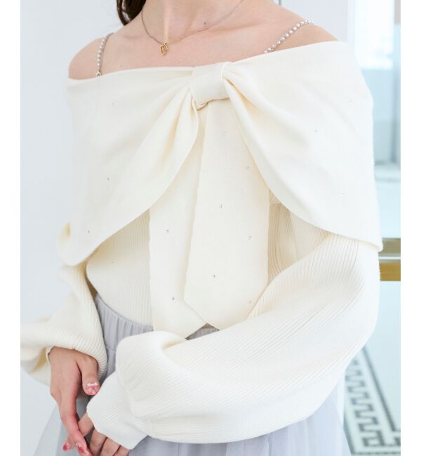  「ビジューリボンオフショルニット」|ニット・セーター|