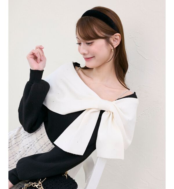  「ビジューリボンオフショルニット」|ニット・セーター|