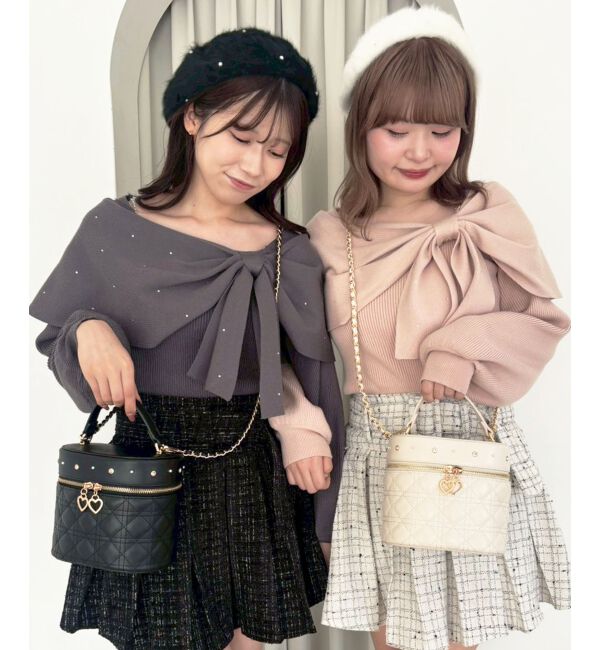  「ビジューリボンオフショルニット」|ニット・セーター|ピンク