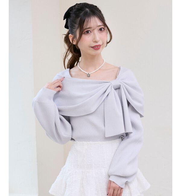  「ビジューリボンオフショルニット」|ニット・セーター|L／グレー