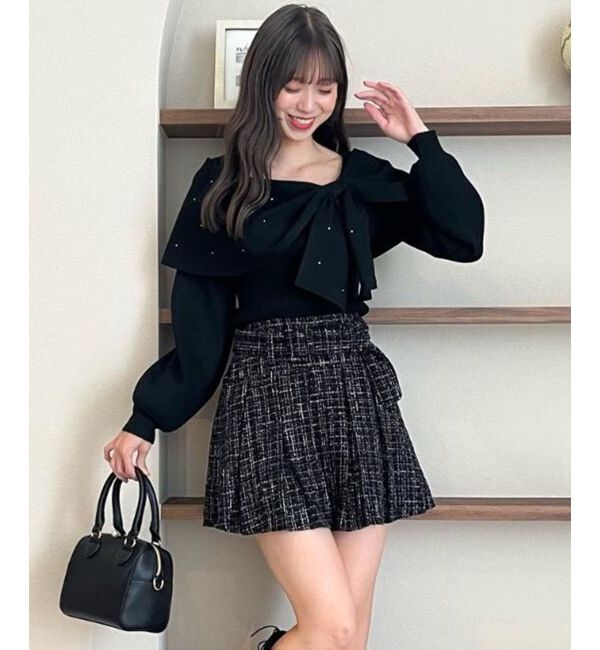  「ビジューリボンオフショルニット」|ニット・セーター|ブラック