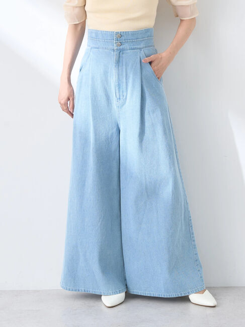 earth music&ecology「ダブルベルトデザインワイドパンツ」|デニム|