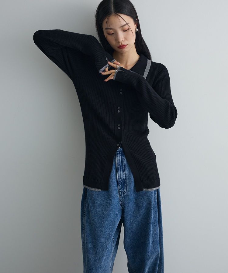 AnriettMusee「配色レイヤードポロリブニットカーディガン」|ニット・セーター|