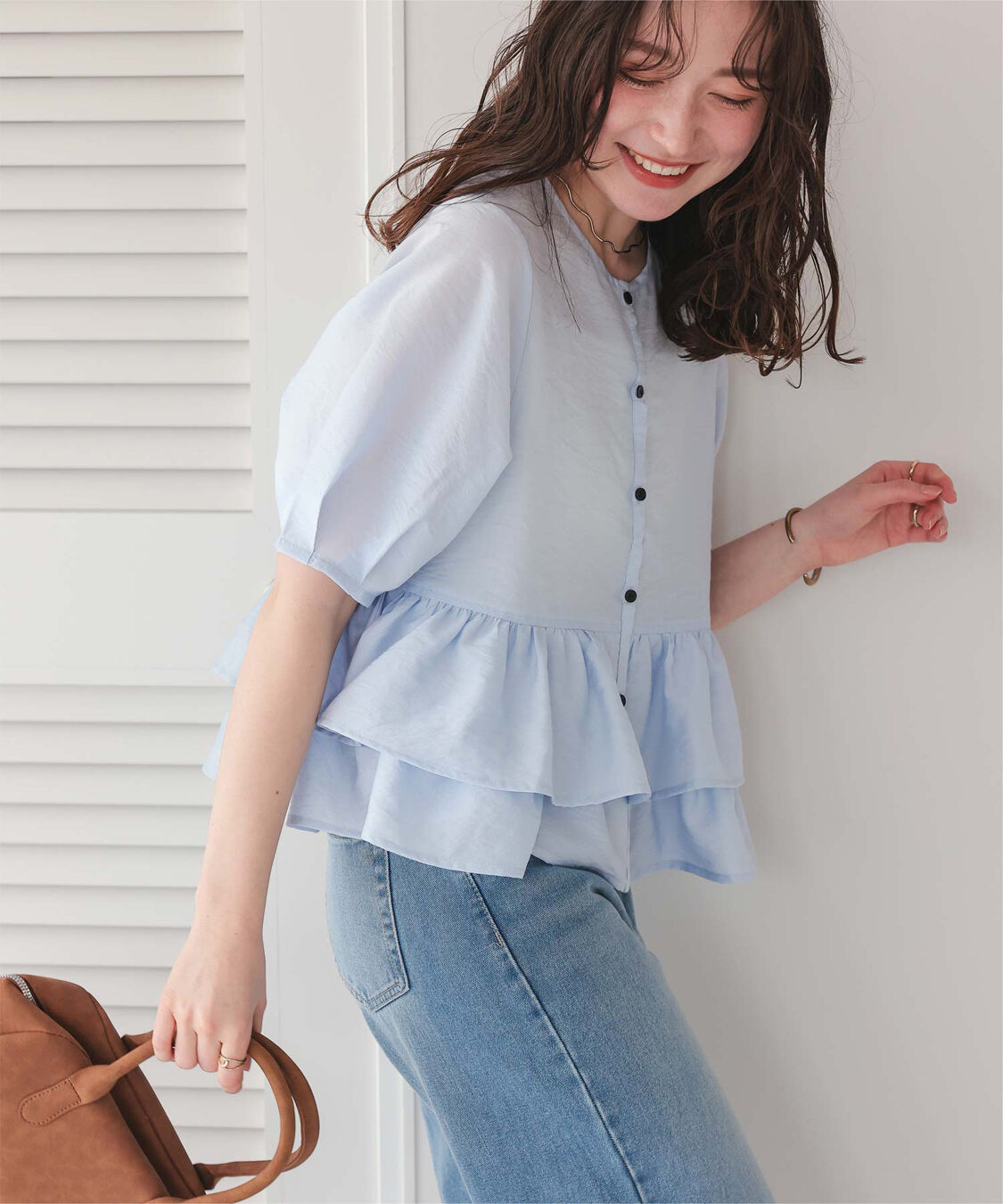 titivate「ペプラムショートランタンスリーブブラウス」|シャツ・ブラウス|ライトブルー