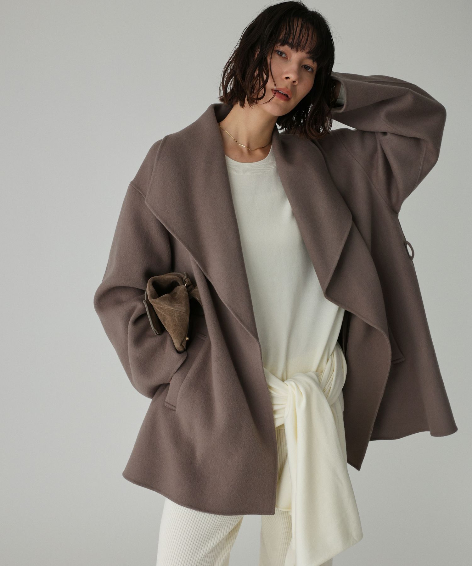 BABYLONE「ベルト付きリバーショートコート」|ポンチョ・ケープ|