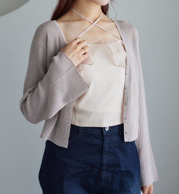  「ビジュー釦ラメシアーカーデ」|ニット・セーター|ピンク